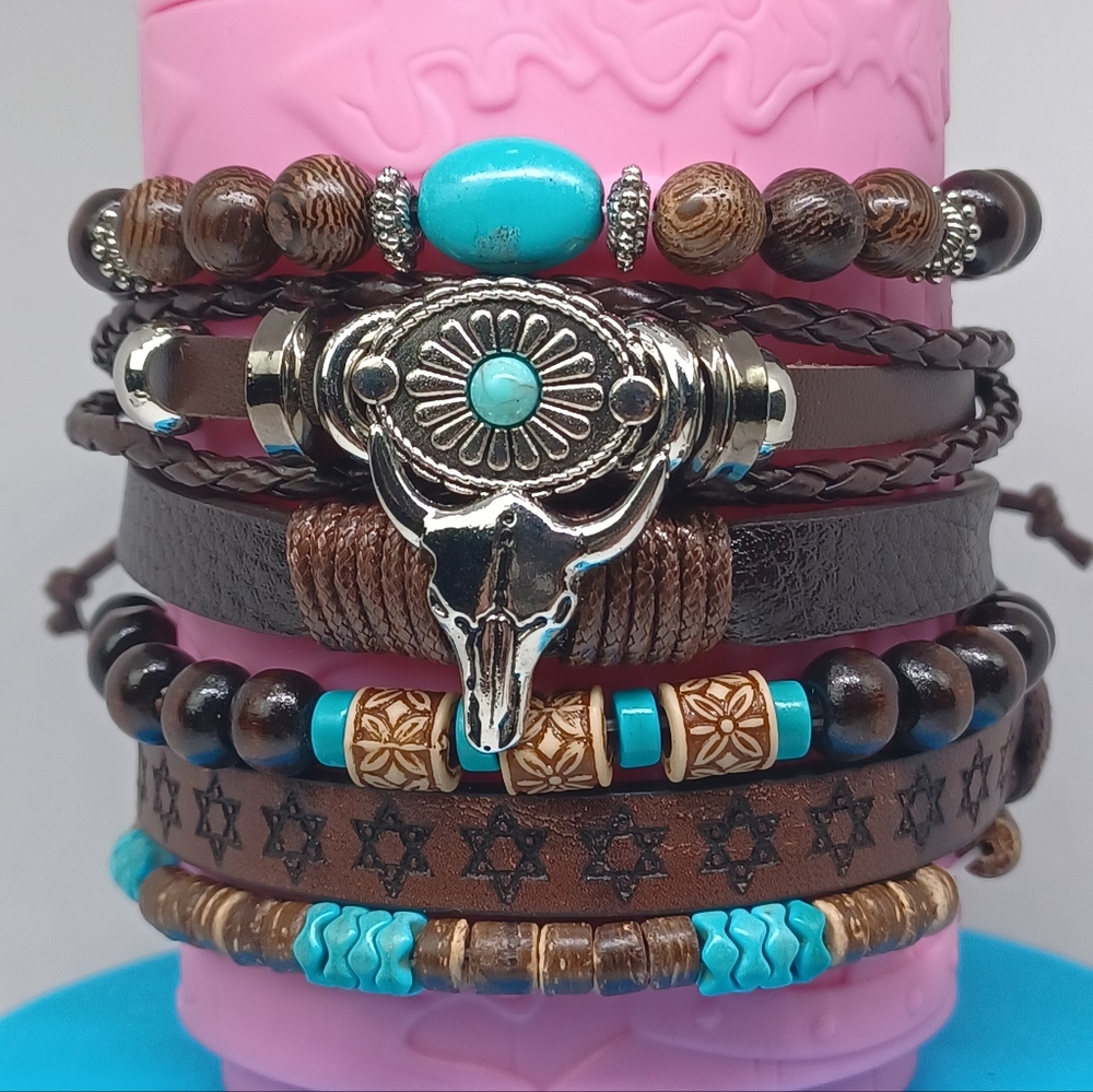 Set of 6 Bohemian Beaded Leather Classic Bull Head Sunflower Bracelets Stackable
